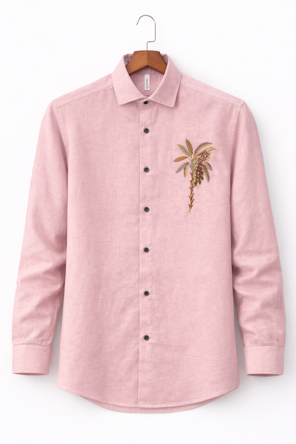Pink Slim Fit Palm Embroidery Shirt