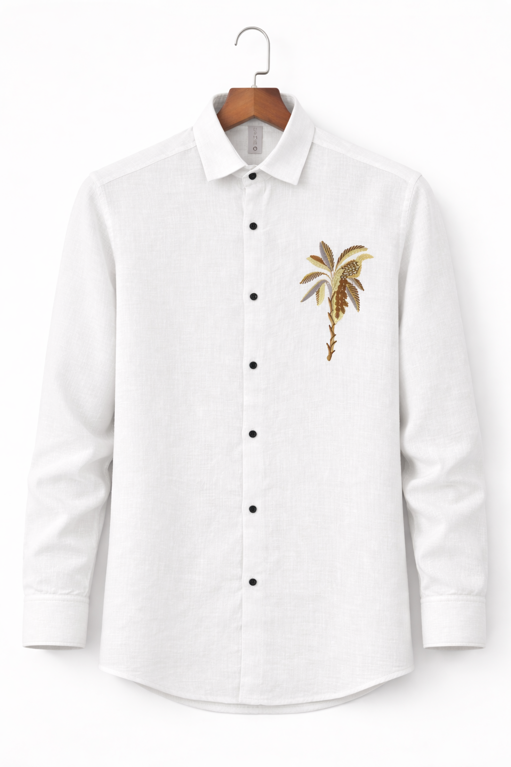 White Slim Fit Palm Embroidery Shirt