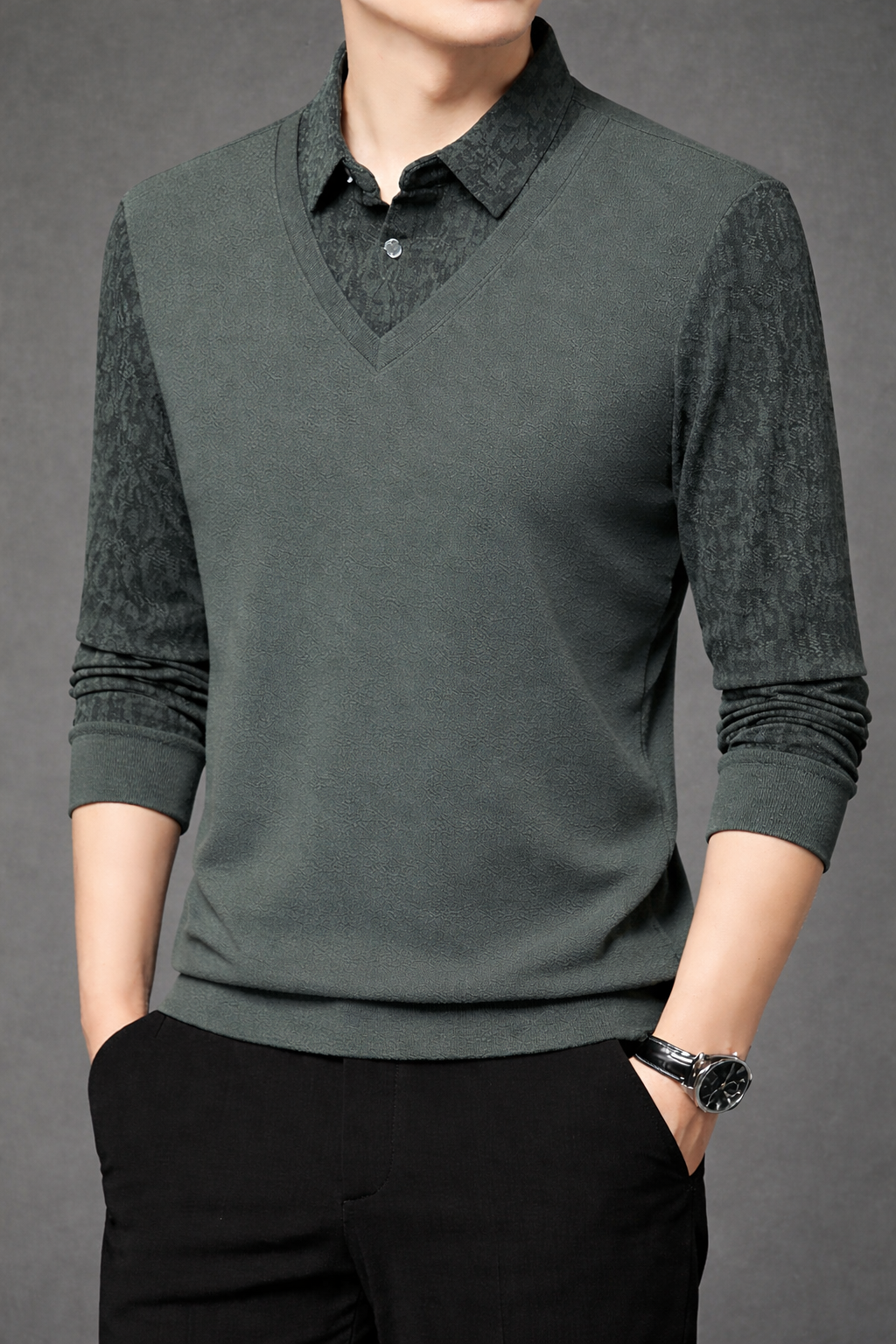 Men’s Dark Olive Green V-Neck Layered Shirt Style Printed Full Sleeve T-Shirt