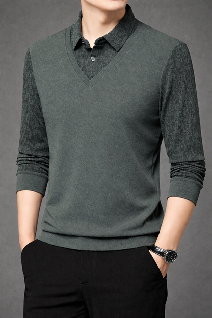 Men’s Dark Olive Green V-Neck Layered Shirt Style Printed Full Sleeve T-Shirt
