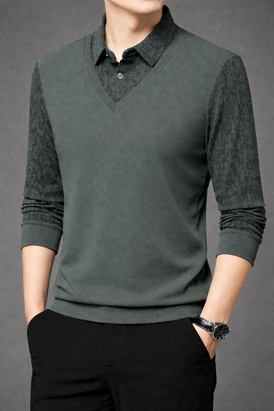 Men’s Dark Olive Green V-Neck Layered Shirt Style Printed Full Sleeve T-Shirt