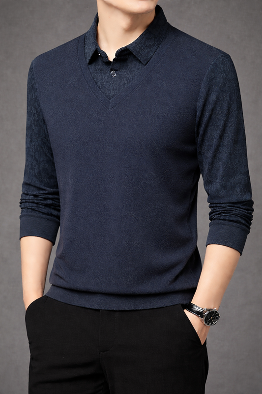 Men’s Navy Blue V-Neck Layered Shirt Style Printed Full Sleeve T-Shirt