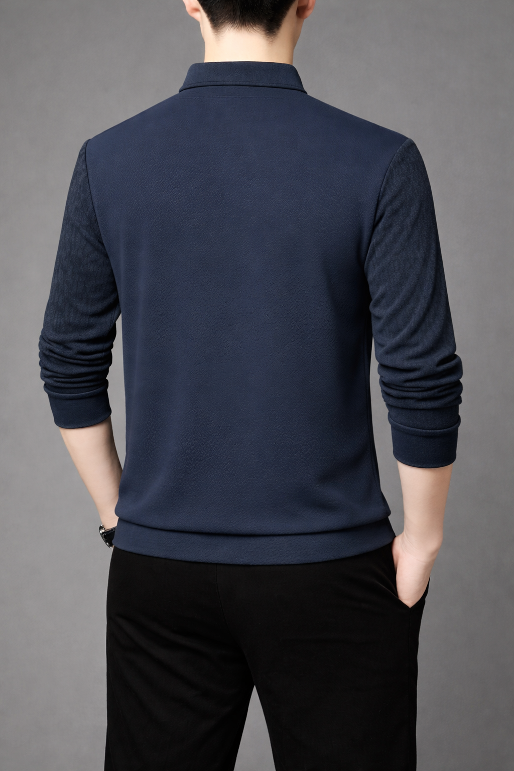 Men’s Navy Blue V-Neck Layered Shirt Style Printed Full Sleeve T-Shirt