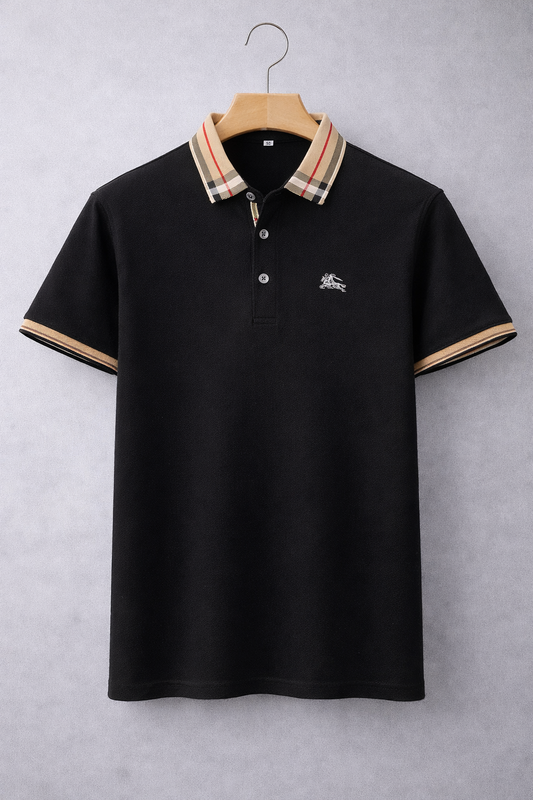 Men’s Luxury Black Polo T-Shirt with Striped Collar