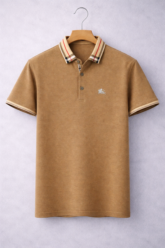 Men’s Luxury Brown Polo T-Shirt with Striped Collar