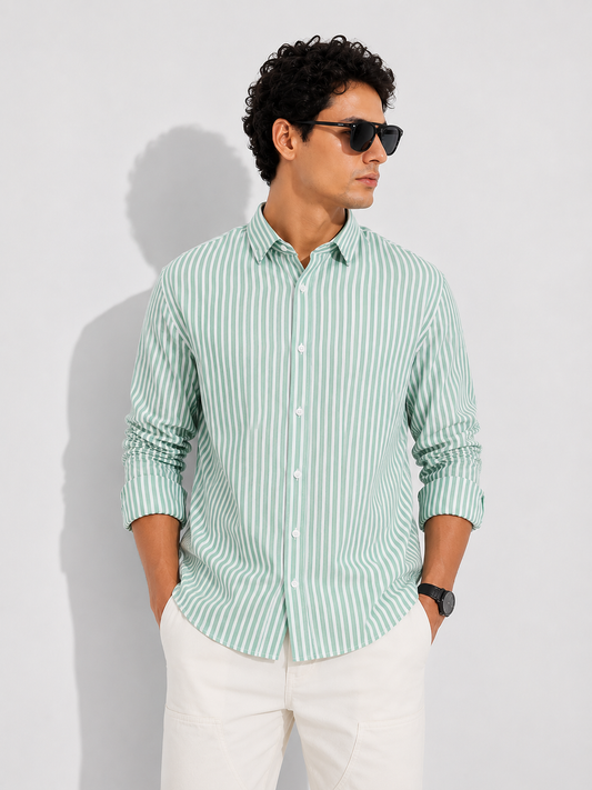 Mint Green Vertical Stripe Cotton Shirt