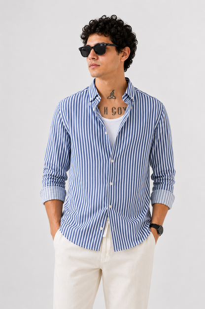 Blue Vertical Stripe Cotton Shirt