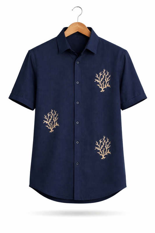 Men’s Navy Blue Linen Embroidered Shirt