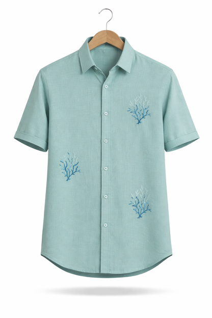 Men’s Mint Green Linen Embroidered Shirt