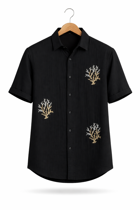 Men’s Black Linen Embroidered Shirt