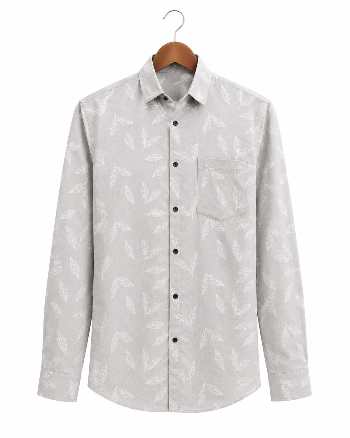 Pearl Grey Leaf Printed Slim Fit Shirt