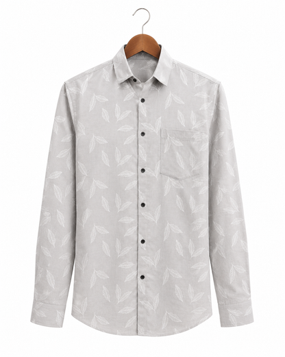 Pearl Grey Leaf Printed Slim Fit Shirt