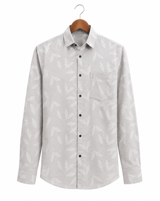 Pearl Grey Leaf Printed Slim Fit Shirt