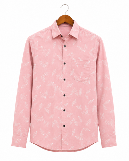 Blush Pink Leaf Printed Slim Fit Shirt