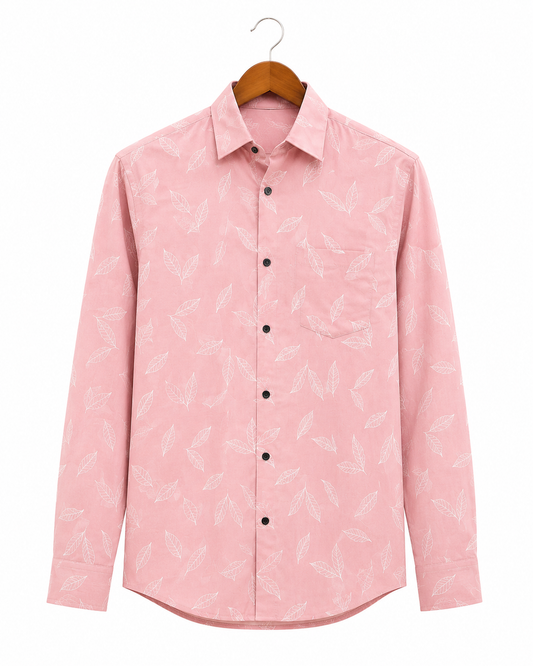 Blush Pink Leaf Printed Slim Fit Shirt