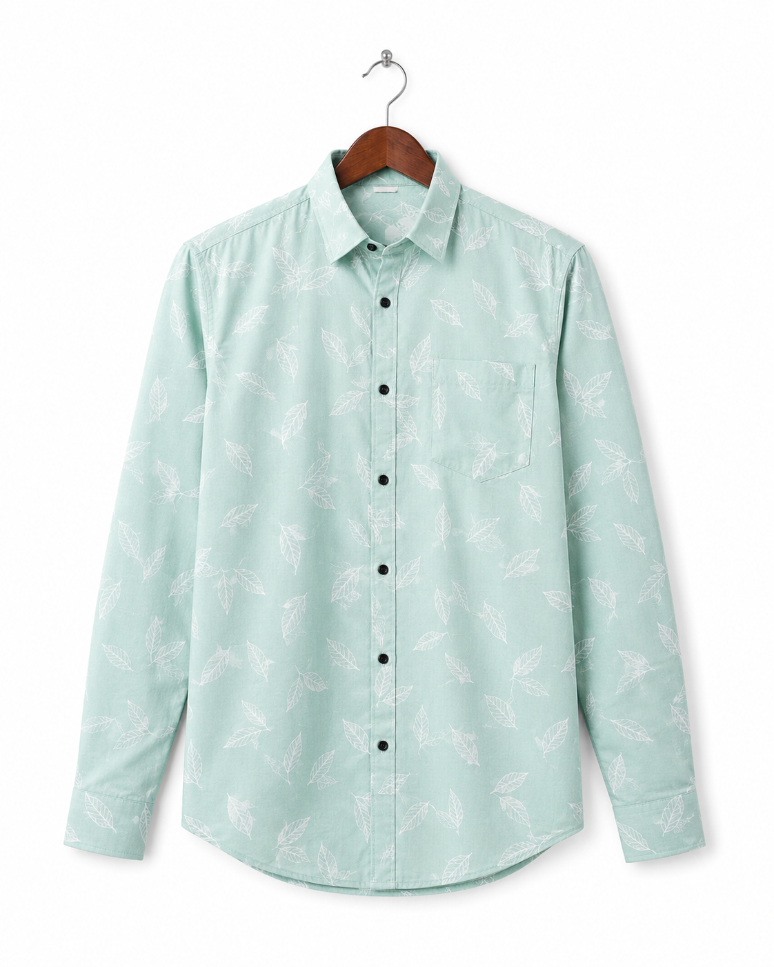 Mint Green Leaf Printed Slim Fit Shirt