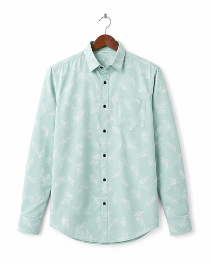 Mint Green Leaf Printed Slim Fit Shirt