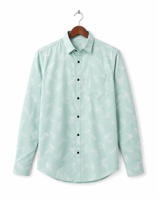 Mint Green Leaf Printed Slim Fit Shirt