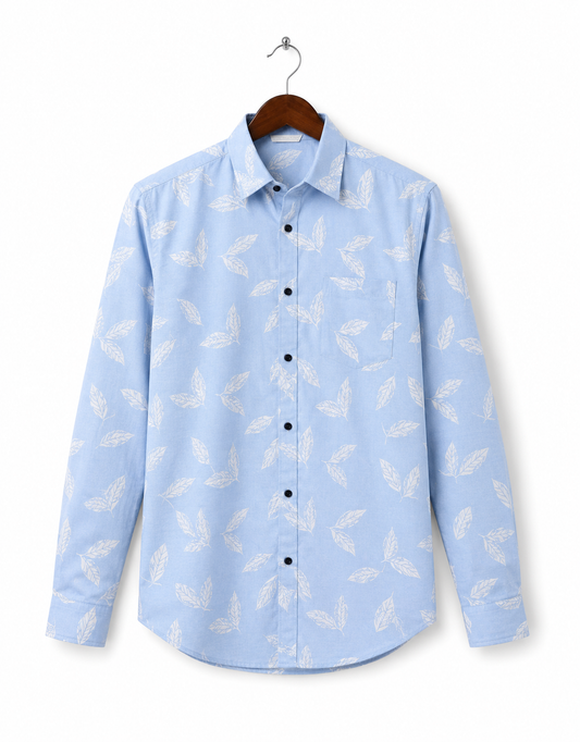 Sky Blue Leaf Printed Slim Fit Shirt