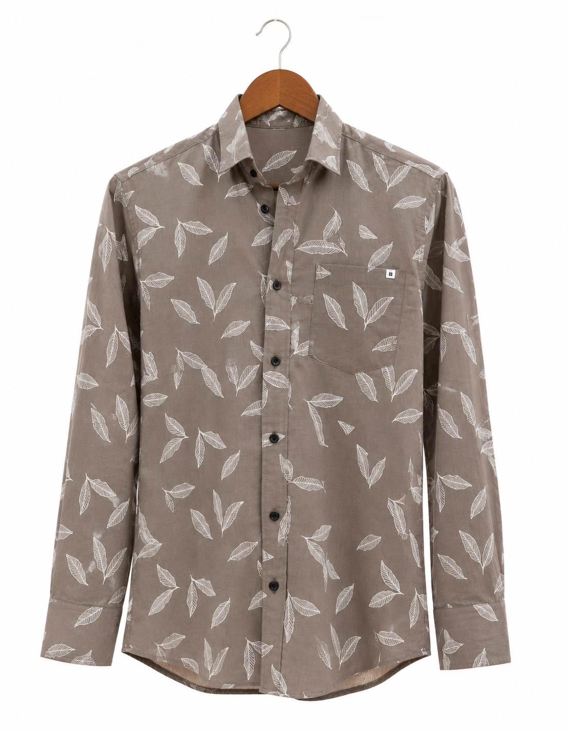 Mocha Brown Leaf Printed Slim Fit Shirt