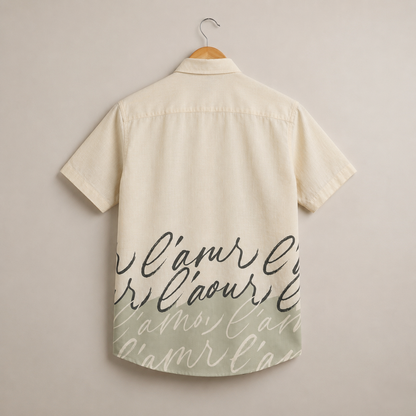 Green Beige Script Print Half Sleeve Shirt