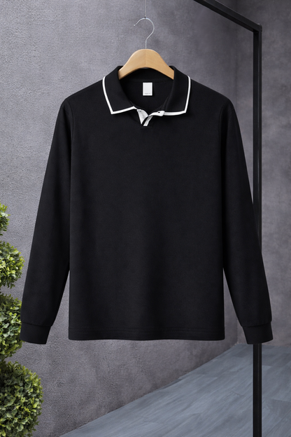 Men’s Black Polo Collar Knit T-shirt with White Trim