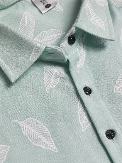 Mint Green Leaf Printed Slim Fit Shirt