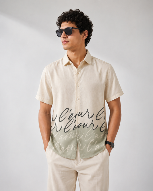 Green Beige Script Print Half Sleeve Shirt