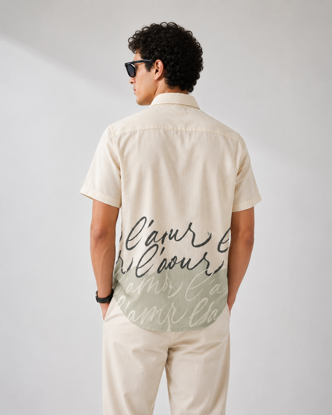 Green Beige Script Print Half Sleeve Shirt
