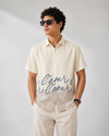 Cream Beige Script Print Half Sleeve Shirt