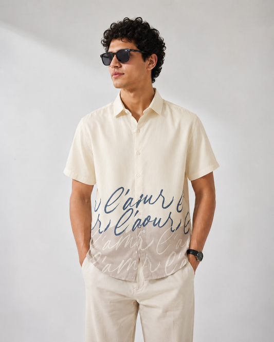 Cream Beige Script Print Half Sleeve Shirt