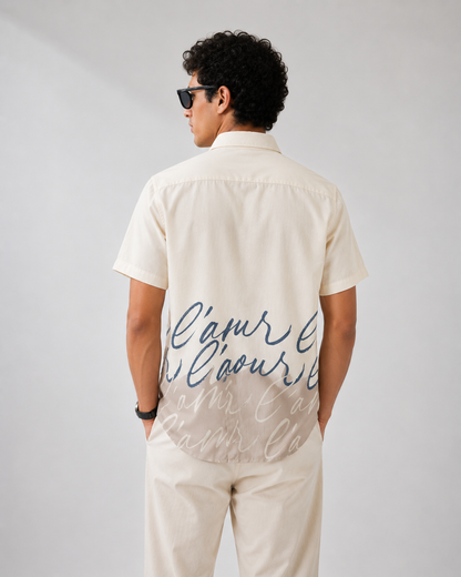 Cream Beige Script Print Half Sleeve Shirt
