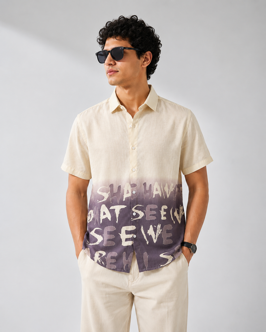 Beige Typography Print Half Sleeve Shirt