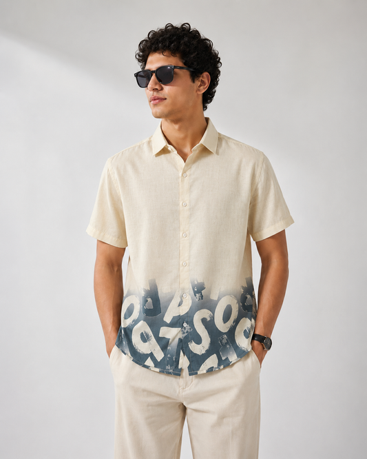 Beige & Steel Grey Abstract Print Half Sleeve Shirt