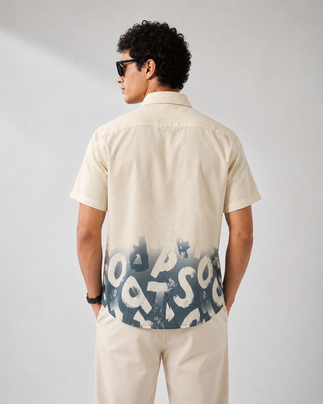 Beige & Steel Grey Abstract Print Half Sleeve Shirt