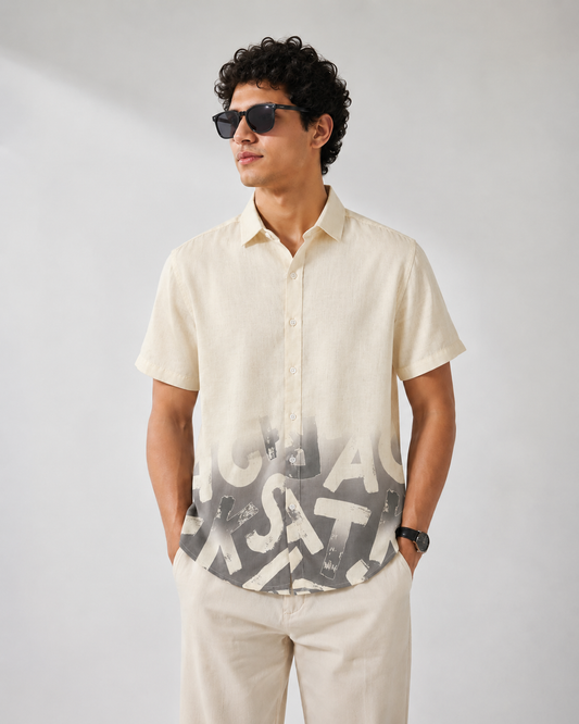 Beige & Ash Grey Abstract Typography Print Half Sleeve Shirt