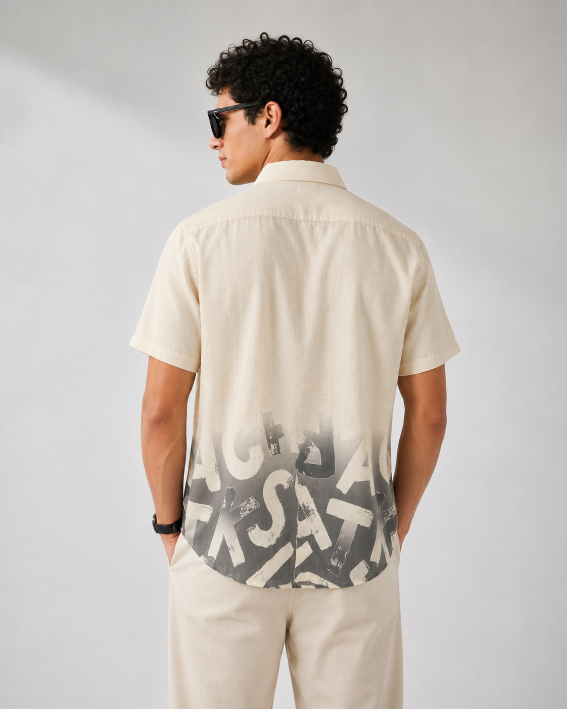 Beige & Ash Grey Abstract Typography Print Half Sleeve Shirt