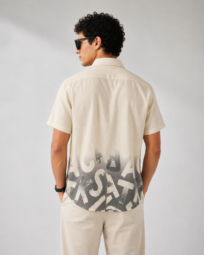 Beige & Ash Grey Abstract Typography Print Half Sleeve Shirt
