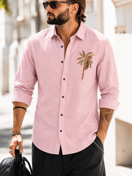 Pink Slim Fit Palm Embroidery Shirt