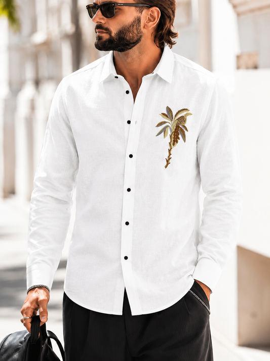 White Slim Fit Palm Embroidery Shirt