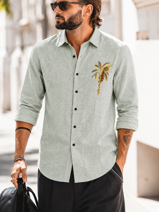 Sage Green Slim Fit Palm Embroidery Shirt