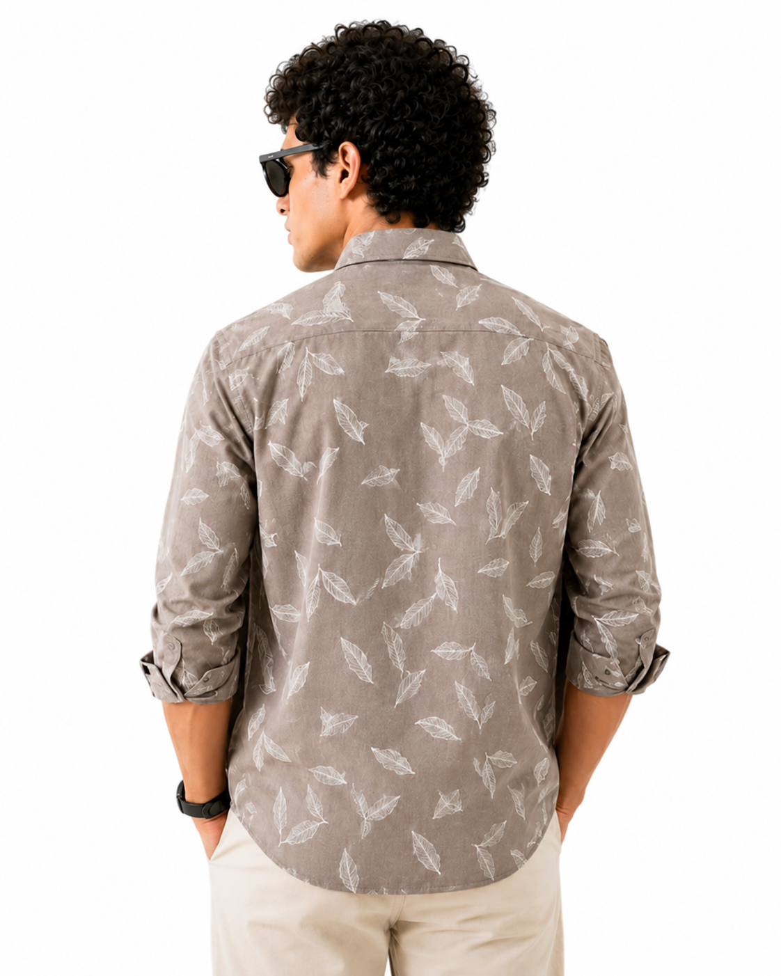Mocha Brown Leaf Printed Slim Fit Shirt