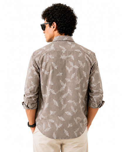 Mocha Brown Leaf Printed Slim Fit Shirt