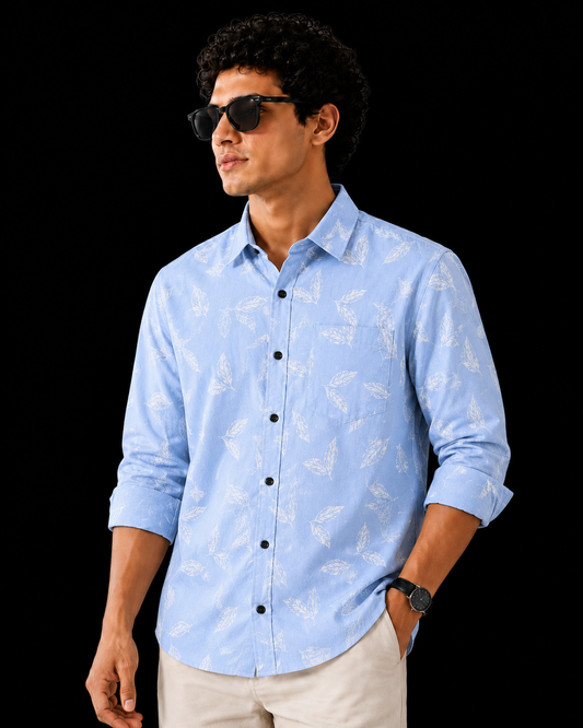Sky Blue Leaf Printed Slim Fit Shirt