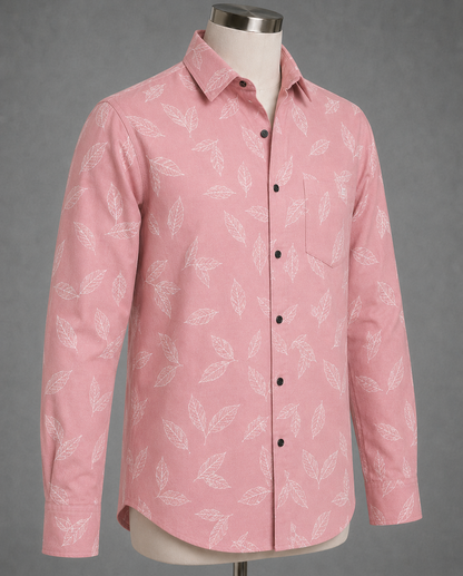 Blush Pink Leaf Printed Slim Fit Shirt