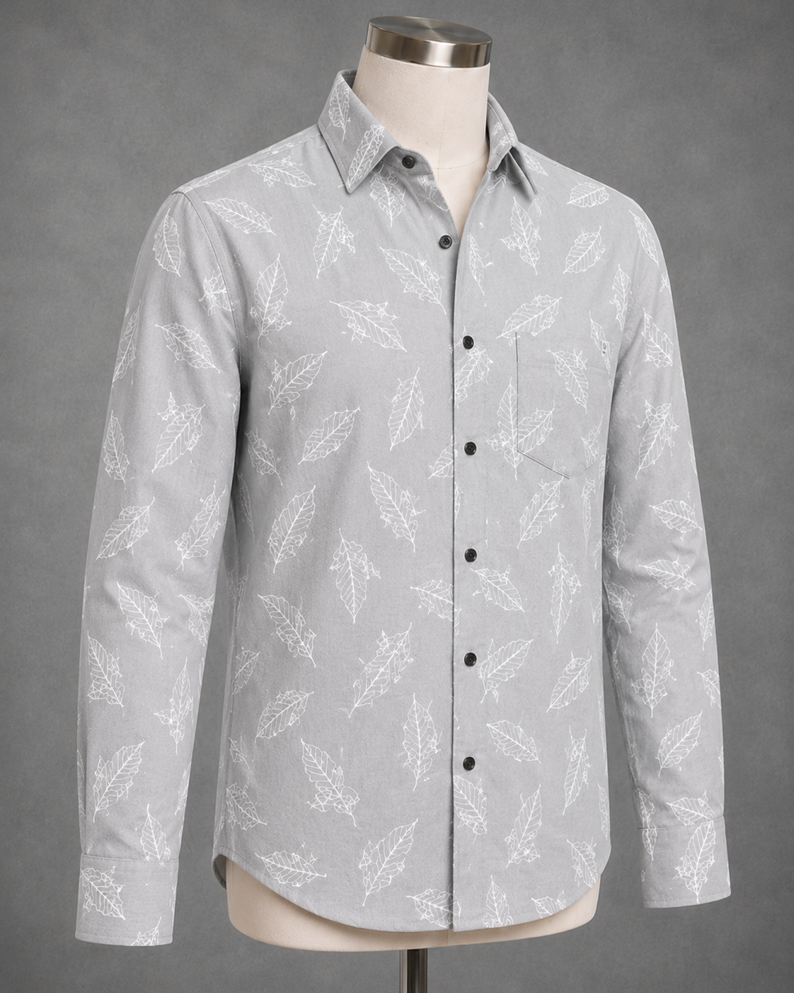 Pearl Grey Leaf Printed Slim Fit Shirt