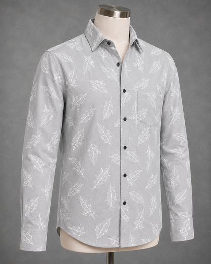 Pearl Grey Leaf Printed Slim Fit Shirt