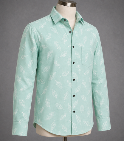 Mint Green Leaf Printed Slim Fit Shirt
