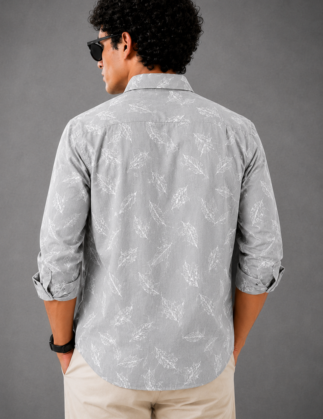 Pearl Grey Leaf Printed Slim Fit Shirt