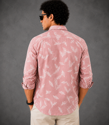 Blush Pink Leaf Printed Slim Fit Shirt